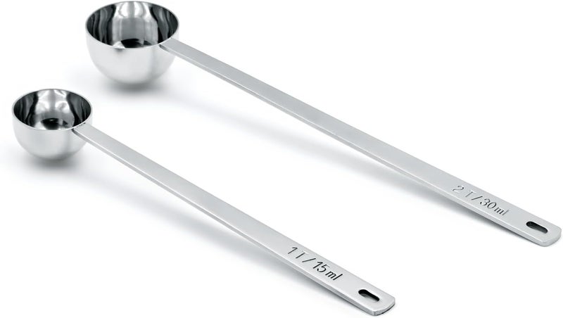 LimeFlex 2PCS Coffee Scoop Set,1 Tbsp (15ml) & 2 Tbsp (30ml) Coffee Measuring Spoons,for measuring ground coffee, protein powder, tea,Silver long-handled measuring spoon,for deep jars,coffee bags. - Image 1